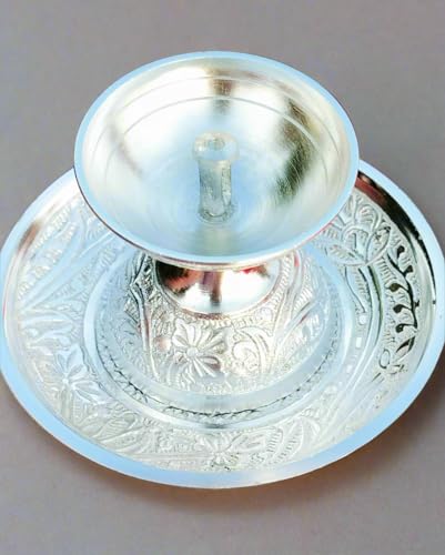 indiancraftsbykanika German Silver Daily use Akhand Diya with aarti Plate Set, Set of 2 Pair(4 Pieces) for Housewarming/Diwali/Vara Lakshmi Pooja