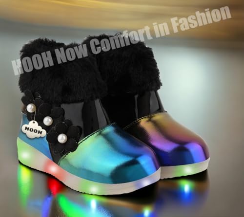 Image of Hooh Kids Girls LED Light Up Shoes Cum Boots with Faux Fur Trim and Flower Applique for 0 Months to 12 Years (for Greater Than 5 Years Age vs Size Chart in Images)