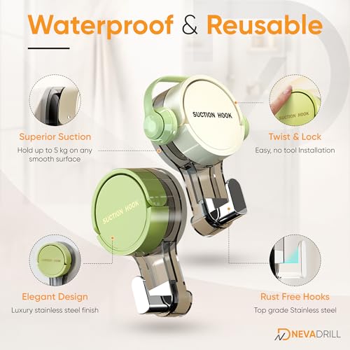 Image of Vacuum Suction Hooks with Adhesive Base, Lever Lock Wall Hooks, No Drill Stainless Steel Hook for Bathroom & Kitchen, Strong Hold for Tiles, Glass & Mirrors, Pack of 3 (PJ-1789)