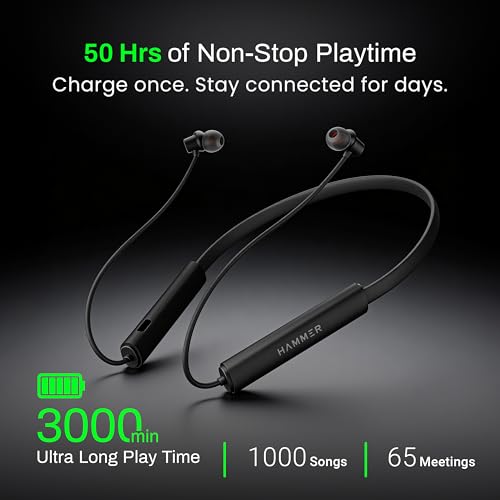 Image of HAMMER Splendor 2 Wireless Neckband Bluetooth v6.0 with 50H Playtime, ENC, 10mm Drivers, Type-C Fast Charging, 55ms Low Latency, Lightweight Earphones (Black)