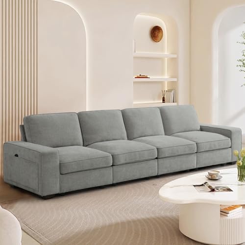 Image of TEKAMON 128 inch Modular Sofa Couch with Seat Storage, Chenille Sofa,Modern Comfy 4-Seater Couch for Living Room, Office, Apart W /Deep Seat, Wide Armrest, USB, Pockets, Removable Covers (Light Grey)