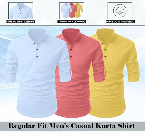 Image of FINIVO FASHION Combo of Men's Cotton Blend Solid Regular Fit Full Sleeve Straight Short Kurta Shirt, Casual and Formal Wear