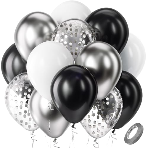 Image of Bezente Black Silver and White Confetti Balloons Set 60pcs 12 inch