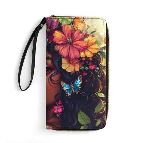 African Am-erican Flower Black Women Leather Wallets for Women Large Capacity Zip Pocket Wallet with Cord