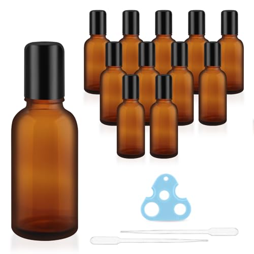 12 Pcs 30ml/1oz Amber Glass Essential Oil Bottles with Stainless Steel Roller Ball Refillable Roll-on Bottles Leak-proof Containers for Lotion Deodorant Massage Oil Perfume