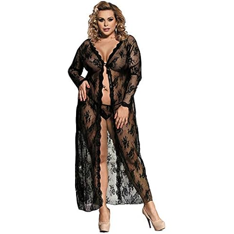 Women's Lace Robe Gown Babydoll Nightdress Transparent Night Dressing Robe and Thong Set Black UK 12-14 Cover