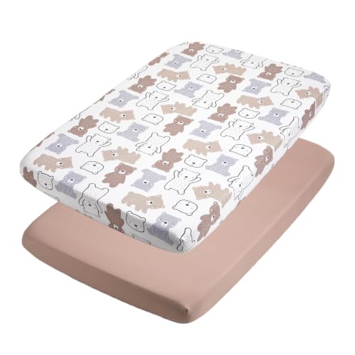 Image of TILLYOU Mini Crib Fitted Sheets - Soft Knit Sheet for Pack N Play, Microfiber Mini Crib Sheets, 38 x 24 Playpen Bedding Sheet for Baby 2 Pack, Machine Washable, Boonie Cubs