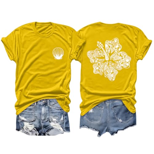 Image of Hawaiian T Shirts for Women Oversized Aesthetic Hibiscus Flower Beach Shirt Teens Preppy Tropical Graphic Tee Tops