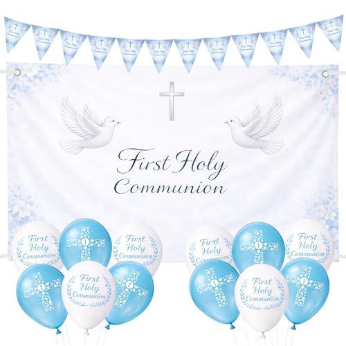 First Holy Communion Decorations Blue Blue Flowers Communion Backdrop Banner Happy Christening Backdrop First Holy Communion Baby Shower Baptism Party Shower Decorations Banner Props