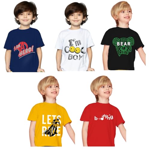Image of Yazh Texworld Boys Round Neck Blended Cotton T-Shirts | Regular Fit | Half Sleeve | Casual Wear | Trendy | Combo Pack of 5 | Multicolor | Soft, Durable, and Stylish for Everyday use