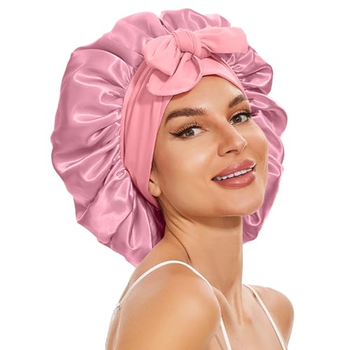 Gorro de satén grande de seda para dormir, gorro de satén de doble capa para mujer, gorro de ducha de pelo rizado natural