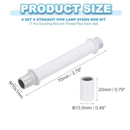 Image of PATIKIL Straight Pipe Lamp Stems Rod Kit, 6 Set M10 Carbon Steel 70mm(2.76 inch) Long Double End Thread Rod with Coupling Nuts Sleeve Connector for Table Lamps Chandeliers, White
