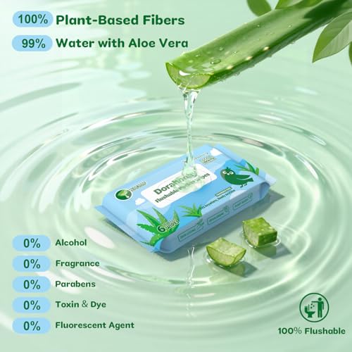 Image of Flushable Travel Wipes with Aloe Vera, 99% Water Moisturizing Mini Wet Wipes for Sensitive Skin, Unscented Pocket Wipes for On The Go Travel Essentials, Total 144 Count (24 Packs of 6)