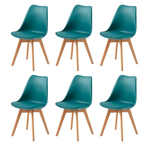 H.J WeDoo Pack 6 Silla de Comedor Nórdico Sillas Cocina con Asiento Tapizado Patas de Madera de Haya Respaldo Ergonómico, Turquesa
