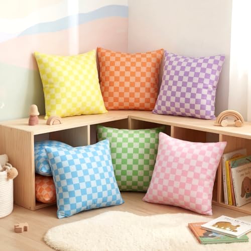 Breling 6 Pcs Colorful Classroom Checkers Throw Pillow Cover Set 18 x 18 Inch Plaid Classroom Calming Corner Decor Back to School Pillow Cases for Reading Corner Nursery Playroom Sofa Couch Decor