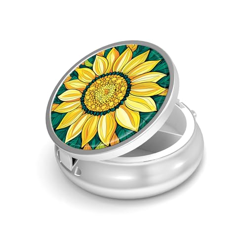 Image of Pill Box-3 Compartment Small Pill Case for Purse & Pocket Mini Metal Pill Holder Travel Pill Container to Hold Supplements Vitamins BPA-Free (Sunflower)