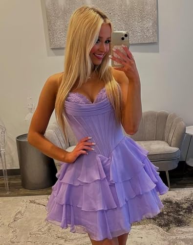 Tiered Floral Homecoming Dresses for Teens Short Strapless Chiffon Prom Dress Corset Cocktail Party Gowns3