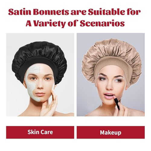 Image of Satin Bonnet for Hair, Adjustable Silky Hair Cap for Sleeping, Bonnet for Curly Hair with Soft Jersey Fabric Band, Stylish and Comfy Satin Hair Bonnet For Men and Women (Black)