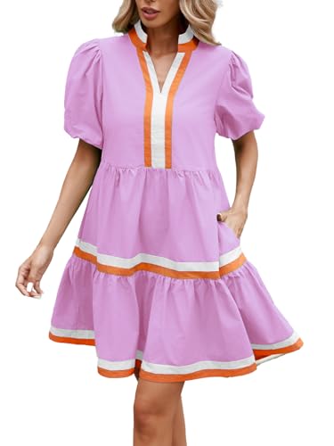 Image of LifeShe Womens Puff Sleeve Babydoll Dress V Neck Navy Blue Striped Color Block Tiered Mini Dresses