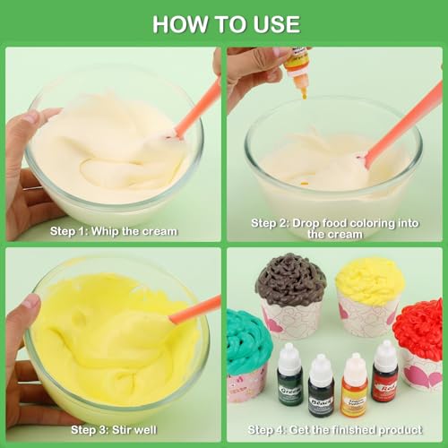 Image of Food Coloring Liquid - 4 Bright Colors Food Dye, 0.35 Fl oz | Food Grade Tasteless Concentrated Liquid Food Coloring Set for Cake Decorating, Baking, Cookie, DIY Making Supplies Kit