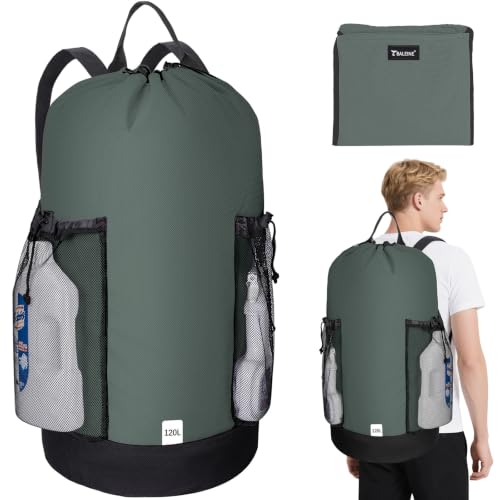 BALEINE 120L Laundry Bag Backpack, 900D Oxford Fabric Large Travel Laundry Bags with Shoulder Straps and 2 Mesh Pockets for College Dorm, Apartment, Laundromat (Dark Grey, 120L)