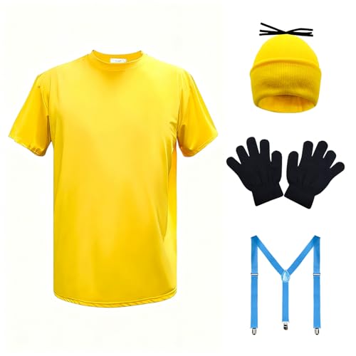 ATAMET 5 Pcs Halloween Costume Accessories Adults-T-shirt/Yellow Beanie hat/Goggles/Gloves/Suspenders Dress Up for Halloween (Yellow Medium)