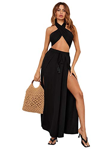 SheIn Women's Sexy Maxi Dress Crisscross Backless Halter Crop Top Split Wrap Maxi Skirt Two Piece Set Black Medium