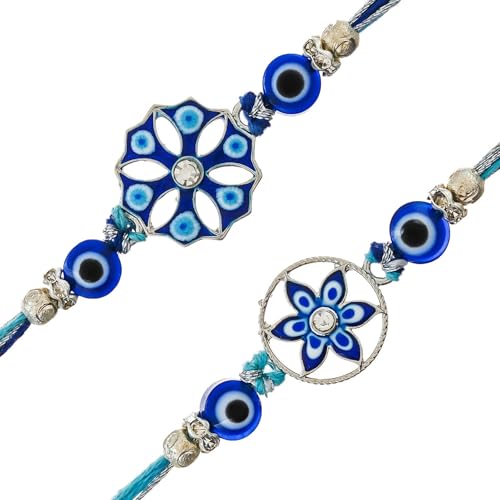 Image of eCraftIndia Set of 2 Floral Evil Eye Rakhi for Brother | Designer Rakhi Set | Designer Rakhis | Best Bro Ever Fridge Magnet | Roli Chawal Pack