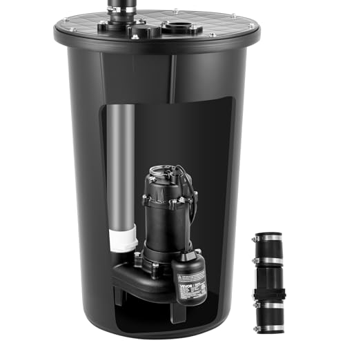 VEVOR Sewage Pump System 1/2 HP 4800 GPH Cast Iron Sewage Pump with Basin Kit 120 Volt Automatic On/Off Outdoor Water/Seepage Collection and Removal System with Float Switch 2 Discharge Black