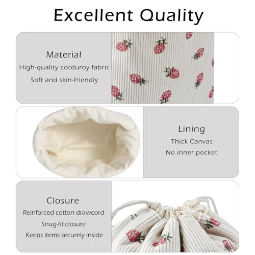 Cute Soft Corduroy Drawstring Makeup Bag with Canvas Lining, Coquette Aesthetic Drawstring Cosmetic with Strawberry Pattern for Women Girls, Kawaii Travel Makeup Organizer Case(06 Strawberry)3