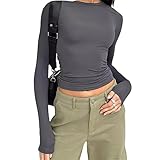 tinetill Damen Y2K Top T-Shirt Langarm Crop Top Slim Falten Oberteil Cropped Bluse Cropped Tee Shirts Teenage Aesthetic Mädchen Langarmshirt Streetwear
