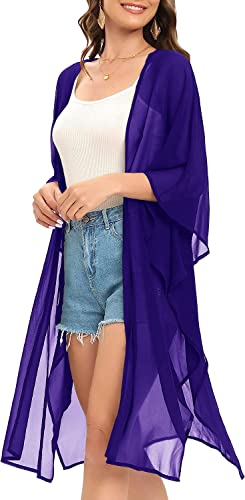 Image of Indian Trendy Women's Solid Puff Sleeve Kimono Long Cardigan Loose Cover Up Casual Blouse Top Chiffon