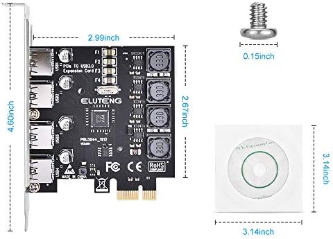 ELUTENG PCIE USB 3.0 Card, 4 Ports PCI Expree to USB Expansion Card Superspeed 5Gbps PCI-e USB3 Hub Controller Adapter Individual 2A Power Supply Support Windows 10/8.1/8 / 7 / XP