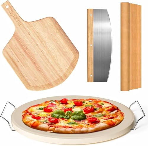 5 PCS Round Pizza Stone Set, 13' Pizza Stone for Oven and Grill with Pizza Peel(OAK),Serving Rack, Pizza Cutter & 10pcs Cooking Paper for Free, Baking Stone for Pizza, Bread