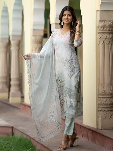 Image of Navlik Women's Organza Embroidered Straight Kurta with Pant and Dupatta Sets (NK2-453)