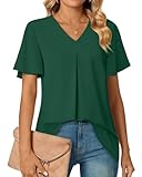 Anyally Women's Summer Dressy Chiffon Blouses Plus Size V Neck Ruffle Short Sleeve Tunic Tops for Leggings Casual T-Shirts, 3XL Dark Green