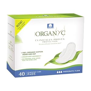 Organyc – 100% Certified Organic Cotton Feminine Pads, Sanitary Napkin 40 Count, Moderate Flow, Regular Absorbency, New Larger Size Packaging