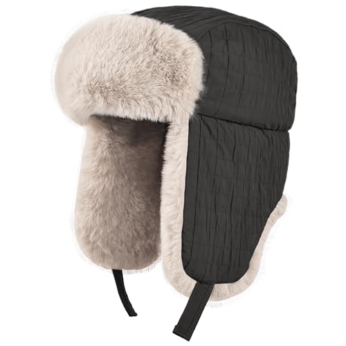 Winter Hat for Men Women Trapper Hat with Ear Flaps, Windproof Russian Trooper Hat for Cold Weather Hunting Skiing Black