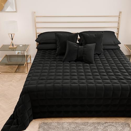 PETTI ARTIGIANI ITALIANI - Colcha Cama Matrimonial en Suave Terciopelo 270x260 cm, Edredón de Primavera y Otoño, Negro, 100%