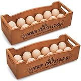 YOUEON Wooden Egg Holder for Countertop, Stackable 2-Tier Egg Crates for 24 Eggs with Handle, Farmhouse Rustic Pinewood Egg Storage Box with "Farm Fresh Eggs" Print, No Assembly Needed