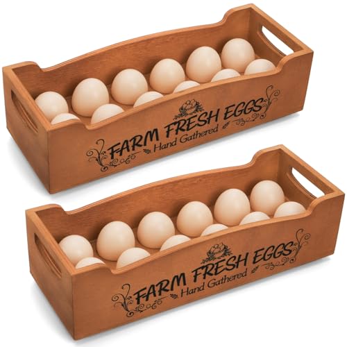 YOUEON Wooden Egg Holder for Countertop Stackable 2-Tier Egg Crates for 24 Eggs with Handle Farmhouse Rustic Pinewood Egg Storage Box with Farm Fresh Eggs Print No Assembly Needed