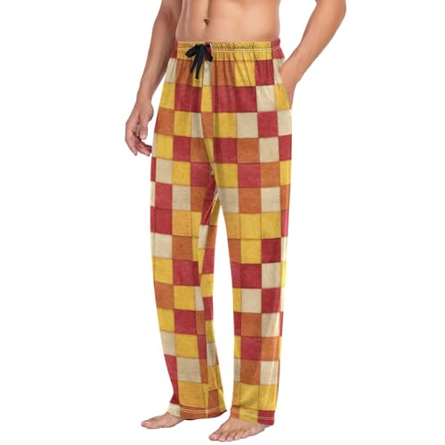 Men's Pajama Pants Orange Plaid Pajama Pants for Men PJs Bottoms Drawstring Pockets Yellow Sleep Lounge Pants S4