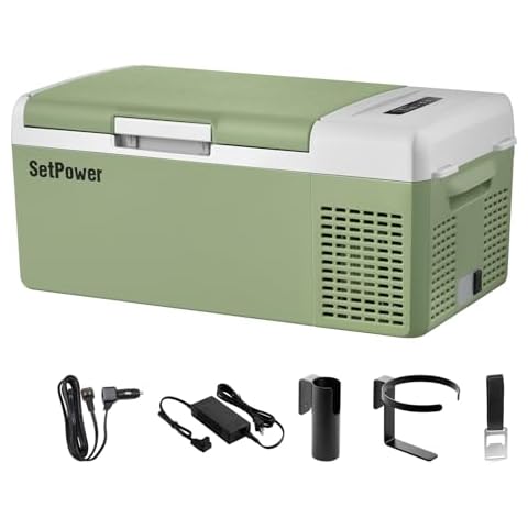 Setpower FC15 Portable 12v Refrigerator, -4℉-68℉ Fast Cooling Car Refrigerator, 15L/15.8Qt Car Fridge Portable Freezer with 12/24V DC & 110/240V AC, Electric Cooler (Green, 15L With AC Adapter) Cover