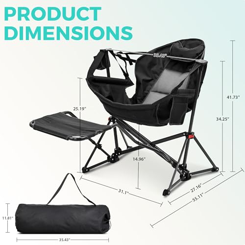 Ainfox Hammock Camping Chair with Footrest, Foldable Portable Rocking Chairs for Adults Outside Swinging Camp with Cup Holder Pillow for Outdoor Patio Poolside (Black)