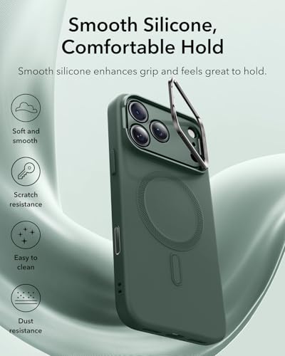Image of ESR Silicone Case for iPhone 17 Pro Max, Built-in Camera Stash Stand Compatible with MagSafe, Military-Grade Drop Protection Magnetic Phone Case for iPhone 17 Pro Max, Cloud Series, Olive Green