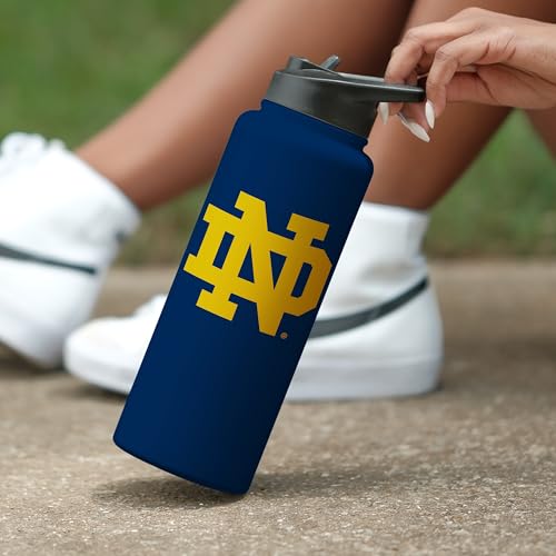 Image of Logo Brands NCAA Notre Dame Fighting Irish 34 oz Stainless Steel Quencher Bottle - Team Color, Straw Included, No-Spill Lid, Easy Carry Handle - Keeps Drinks Cold For Hours