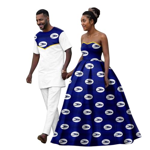 African Coupleswear Matching Women Strapless A Line Dress and Ankara Printed Fabric Men's Short Sleeve Suit(D,Men-X-Small)