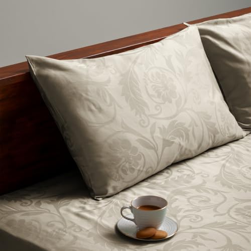 Image of Blue Dahlia 100% Cotton, Queen Size Elastic Fitted Bedsheet (60 inchx78 inch) + 2 Pillow Covers, Fits Upto 10 inch Mattress, 300TC Premium Bedsheet, Bold Floral Jacquard Pattern - Beige