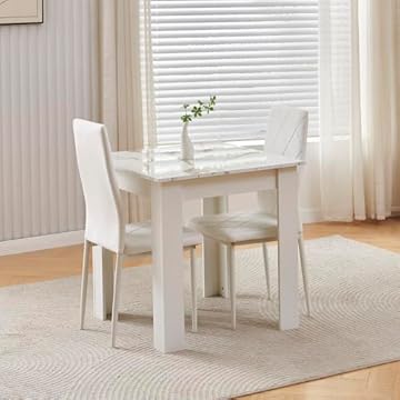 Compact Dining Room Set for 2 - Small Kitchen Table and Chairs for Space Saving with Glossing Tabletop 75x75 cm (Marble-White, 2 Seats, Velvet White #2)