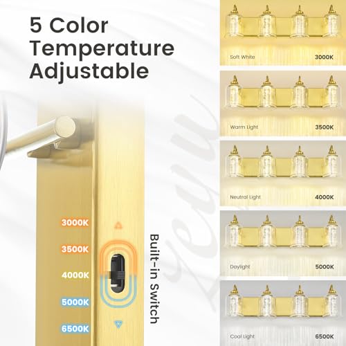 Image of zeyu 24W Dimmable Gold Bathroom Vanity Light, 4-Light Gold Bathroom Light Fixture with 5 Color Modes, Brushed Gold Finish with Crystal Bubble and Clear Glass, ZSL72B-4W LED BG